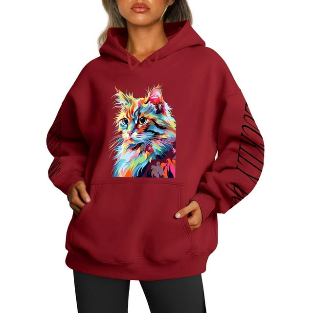 AOMPMSDX Women'S Hoodies Ladies' Cat And Dog Print Casual Tying Hoodie