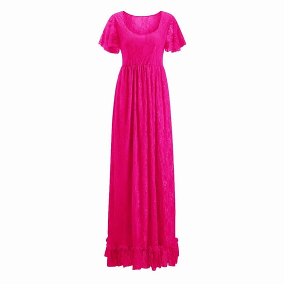 AOMPMSDX Women'S Lace Maternity Ruffles Short Sleeved Dress Long Dress Photography Flying Sleeve Dress Maternity Dress Hot Pink XL
