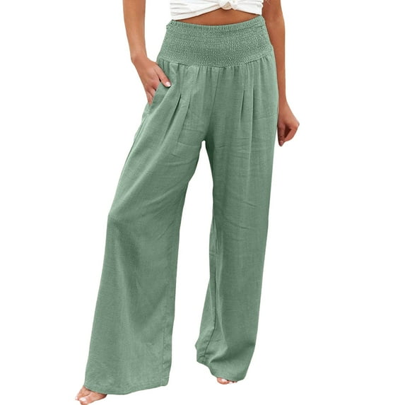 AOMPMSDX Women'S Pants Linen High Waisted Wide Leg Loose Fit Palazzo Pants Casual Beach Trendy Trouses With Pockets Green Daily Trousers XL