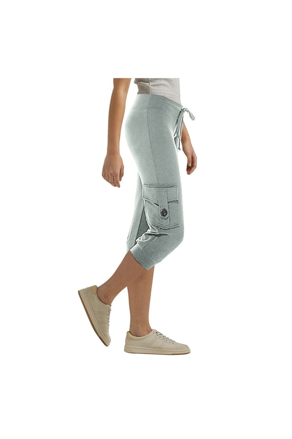 Women'S Pants Women Comfortable Elastic Waist Button Side Pockets Two Pocket Yoga Cropped Cargo Cropped Pants Grey Loose Fit Trousers M