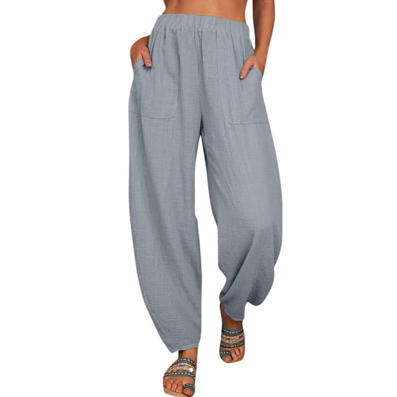 AOMPMSDX Women'S Pants Womens Casual Solid Color Loose Pockets Elastic Waist Pants Long Trousers Grey Daily Trousers M