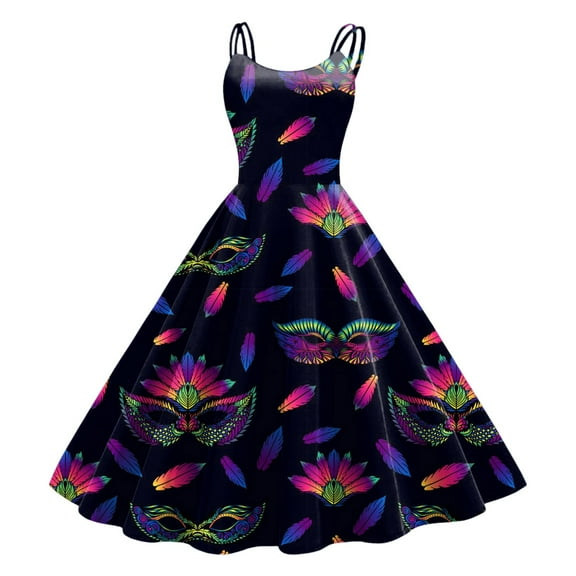 AOMPMSDX Women Sleeveless Knee Length Retro A Line Flared Swing Formal Prom Party Dress Brown S