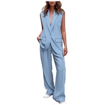 AOMPMSDX Women's 2 Piece Outfits Sleeveless Suit Vest And Wide Leg Pants Business Casual Sets Blue XL
