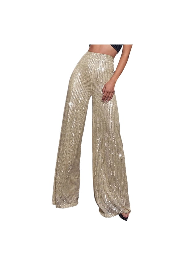 Women's Fashion Casual Sequined Pants Sparkling Sequins High Waisted Wide Leg Flared Pants Flared Pants Nightclub Wear Rose Gold M