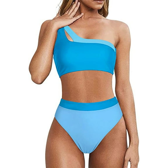 AOMPMSDX Women's One Shoulder Swimsuit Candy Solid Color Patchwork High Waisted Bikini Blue M