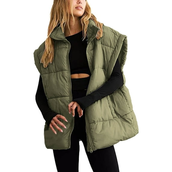 AOMPMSDX Women's Outerwear Vests Women Winter Oversized Vest Lightweight Stand Collar Flysleeve Insulated Padded Puffy Jackets Coat With Pockets S Green
