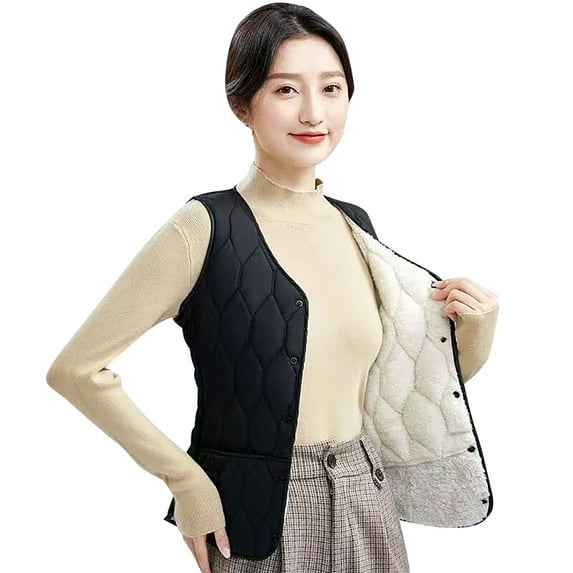 AOMPMSDX Women's Outerwear Vests Women's Autumn And Winter Sleeveless Thickened Warm Button Vest Cotton Jacket Women's Short Lamb Plush Thickened Vest M Black