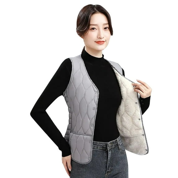 AOMPMSDX Women's Outerwear Vests Women's Autumn And Winter Sleeveless Thickened Warm Button Vest Cotton Jacket Women's Short Lamb Plush Thickened Vest XL Grey