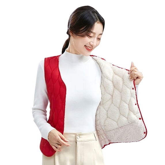 AOMPMSDX Women's Outerwear Vests Women's Autumn And Winter Sleeveless Thickened Warm Button Vest Cotton Jacket Women's Short Lamb Plush Thickened Vest XL Red