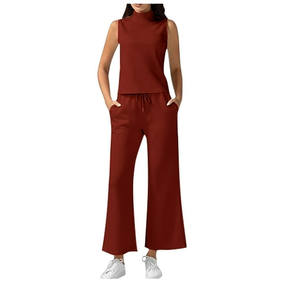 AOMPMSDX Women's Summer 2 Piece Outfits Neck Tank Top Cropped Wide Leg Pants Sets 2024 Fashion Tracksuit Red S