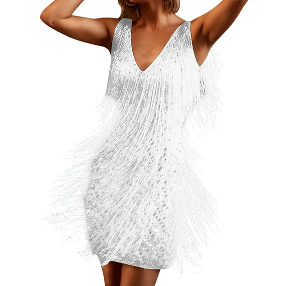 AOMPMSDX Womens Mini Dress Flapper Fringe Dress Vintage Dance Dress V Neck Roaring Fancy Sequin Dress Sleeveless Party Dress White XXL