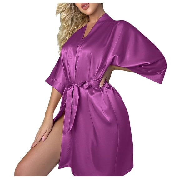 AOMPMSDX Womens Pajama Sets Silk Nightgown Casual Thin Homewear Simple Loose Cardigan Lace Up Bathrobes Nightgowns For Women M