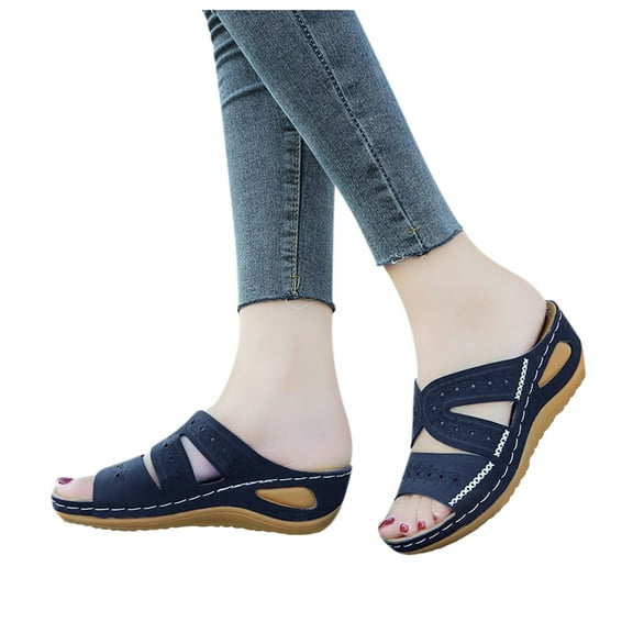 AOMPMSDX Womens Sandals Wedge Fish Mouth Platform Multicolor Embroidered Sandals Slippers Blue Spring Summer Shoes 37