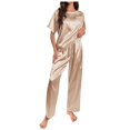 thumbnail image 1 of AOMPMSDX Womens Satin Silky Pajama Set Short Sleeve Shirt With Long Pajama Pant Set Soft PJ Loungewear Khaki XXL, 1 of 8