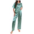 thumbnail image 1 of AOMPMSDX Womens Satin Silky Pajama Set Short Sleeve Shirt With Long Pajama Pant Set Soft PJ Loungewear Light Green L, 1 of 7
