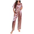 thumbnail image 1 of AOMPMSDX Womens Satin Silky Pajama Set Short Sleeve Shirt With Long Pajama Pant Set Soft PJ Loungewear Light XL, 1 of 5
