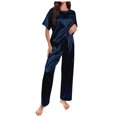 thumbnail image 1 of AOMPMSDX Womens Satin Silky Pajama Set Short Sleeve Shirt With Long Pajama Pant Set Soft PJ Loungewear Navy M, 1 of 7