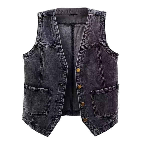 AOMPMSDX Womens Sleeveless Denim Vest V Neck Button Down Jean Jacket Black XL