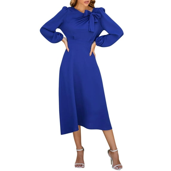 AOMPMSDX Womens Solid Color Long Sleeve Bow Vintage Dress Blue M
