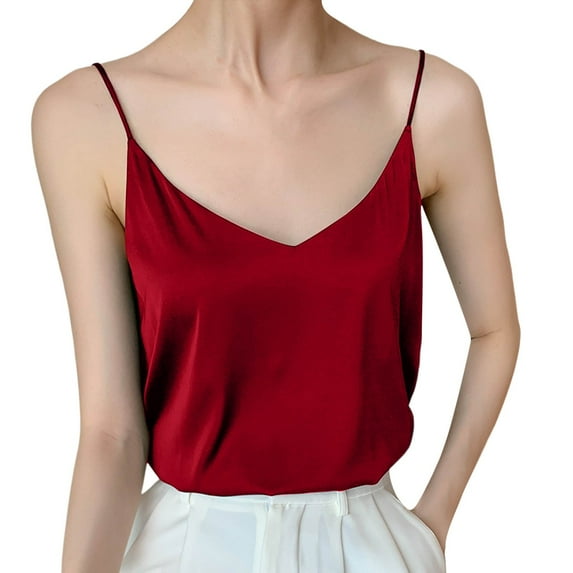 AOMPMSDX Womens Tank Tops V Neck Satin Topgreat Daily Wear For Women 2024 Wardrobe Red Dressy Casual Cami Blouse XXL