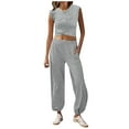 thumbnail image 1 of AOMPMSDX Womens Two Pieces Outfits Solid Color Casual Sets Cropped Tops Sweatpants Tracksuit With Pockets Grey M, 1 of 9