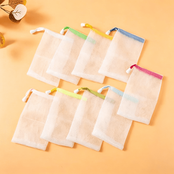 AOMRCOL 10 PCS Exfoliating Mesh Soap Saver Pouch Bag Sack, Face Cleansing Foaming Nets, Rich Lather Soap Bag White Pouch with Drawstring (Color Random)