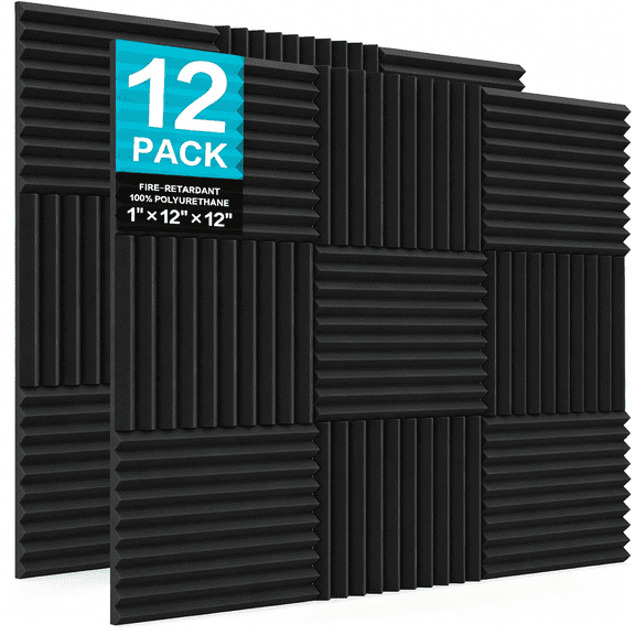 AOMRCOL 12 Pack Acoustic Foam Panels, 1" X 12" X 12" Sound Proof Foam Panels for Walls, High Density Studio Soundproofing Wedges - Fire Resistant & Absorbing for Studio, Office, Home (Black)