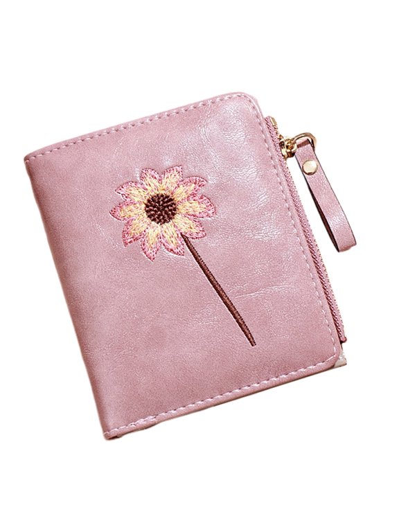 1Pack Small Thin Wallet for Women Bifold Pu with Zipper Closure in Pink