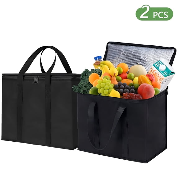AOMRCOL 2 Pack Insulated Reusable Grocery Shopping Bags Insulated Grocery Bag for Food Delivery Zipper Grocery Bags Reusable Shopping Bags Black