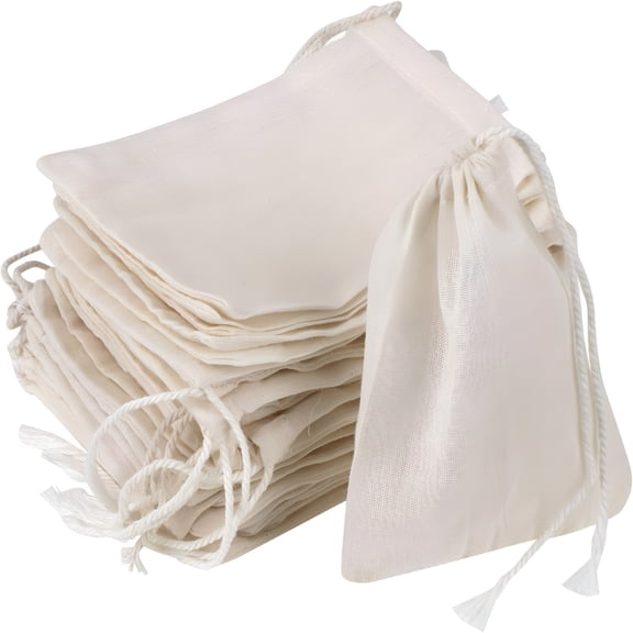 AOMRCOL 20 Pcs Muslin Drawstring Bags-Natural Unbleached Cotton Straining Herbs Cheesecloth Bags for Coffee Tea Brew,Soup Gravy Broth Stew,Bone Broth Brew,Spice,4 X 3 Inches