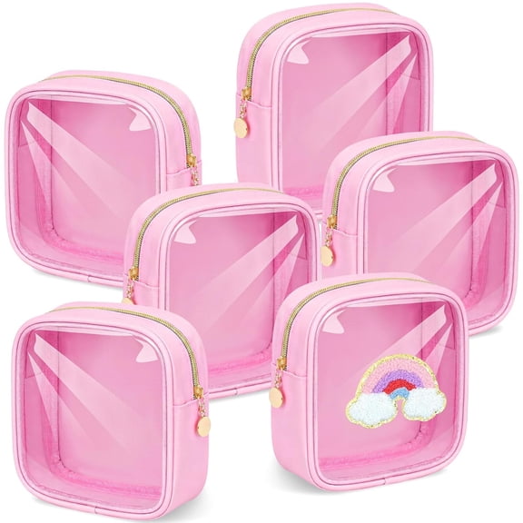 AOMRCOL 6 Pcs Clear Mini Makeup Bags Nylon Square Pouch with Zipper Pink Small Cosmetic Bag for Purse Transparent Preppy Bags Travel Toiletry Essentials for Women Girls Diy Daily Use