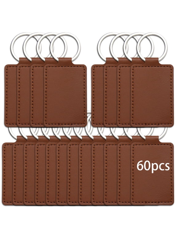 60 Pcs Leather Keychain Blanks,Pu Leather Key Fob Kit with Metal Ring,Rectangular Laser Engraving Blanks for Stamping,Diy Crafts,Car Keys and Men Gifts