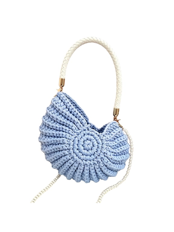 Bohemian Style Crocheted Seashell Crossbody Bag, Hand-Woven Ocean Shell Handbag with Pearl Chain Shoulder Strap, Suitable for Summer Beach Vacation Handbag (Blue)