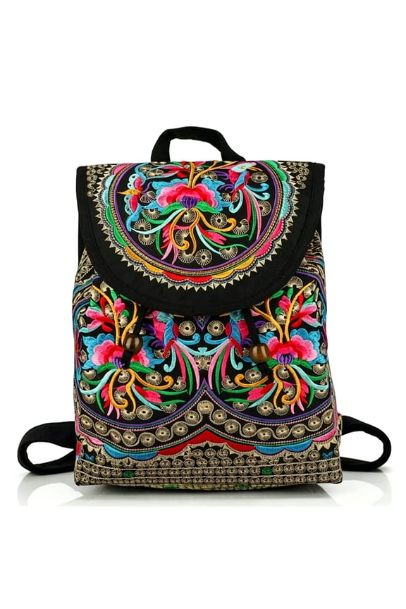 Boho Embroidered Backpack for Women,Vintage Handmade Canvas Shoulder Bag with Ethnic Drawstring for Travel Shopping Daily Use Fashion Accessory Gift Lightweight