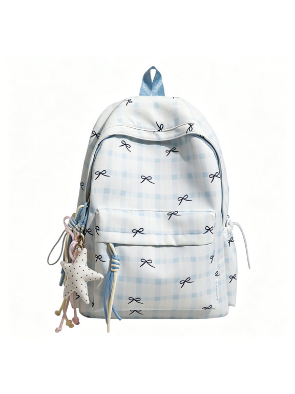 Checkered Plaid Backpack for Women, Korean Aesthetic College Daypack with Bow, Lightweight Nylon Bookbag for Travel Campus checkered backpack (Blue)
