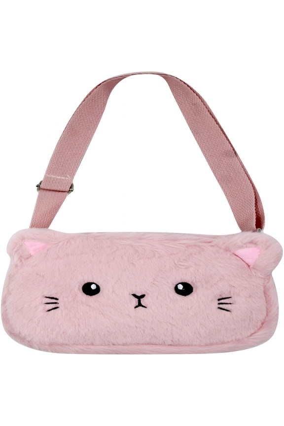 Cute Cat Crossbody Purse Pink Small Fluffy Satchel Shoulder Bag Animal Plush Messenger Bag for Women