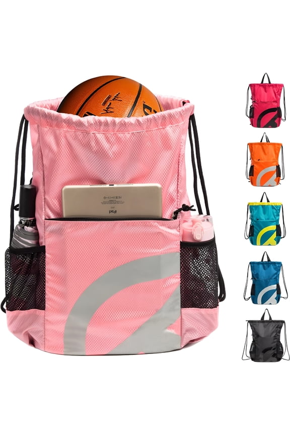 Drawstring Backpack for Men Women 15L Sport Gym Sackpack with Reflective Logo 2 Zipper Pockets 2 Water Bottle Mesh Pockets Waterproof Beach Cinch Backpack for Swim Workout Gear (Pink)