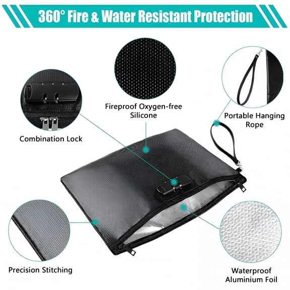 AOMRCOL Fireproof Document Bags with Lock,14.2"X 10" Waterproof Fireproof Money Bag,Fireproof Safe Storage Pouch with Zipper for A4 Document Holder,File,Cash and Tablet