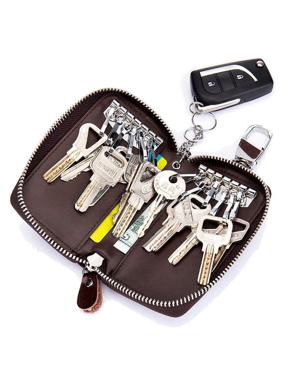 Genuine Leather Key Case Wallet,12 Key Hooks Zipper Key Holder for Purse with 2 Card Slots&Coin Pocket,Car Key Organizer Bag for Men Women