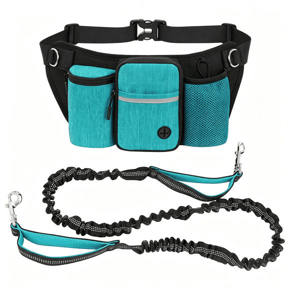 AOMRCOL Hands Free Dog Leash Waist Pack with Bungee & Treat Pouch Oxford Water-Resistant Multi-Pocket Belt for Walking Hiking Jogging and Dog Walking (Lake Blue)