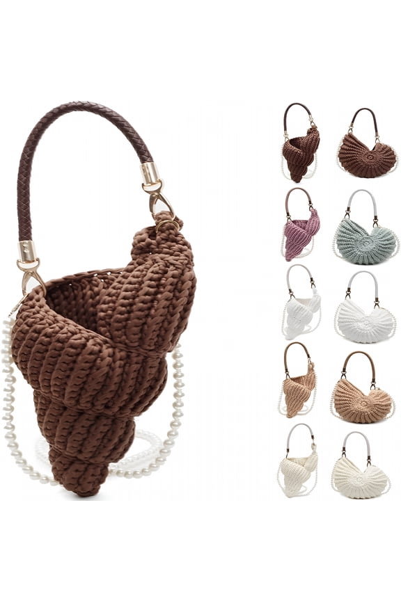 Handwoven Seashell Bag for Women Crochet Beach Bag Boho Conch Clutch with Pearl Strap Leather Handle(B-Coffee)