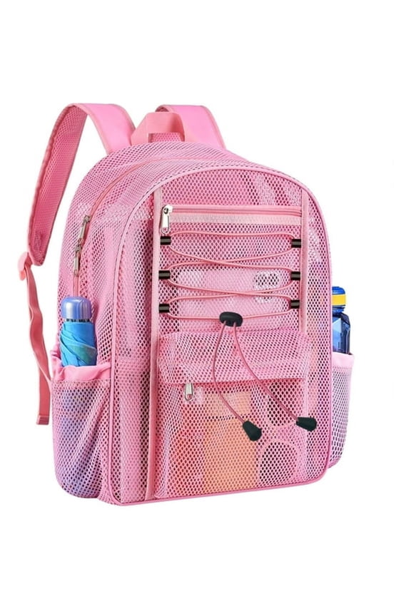 Heavy Duty Mesh Backpack,See through College Mesh Backpack,Semi-Transparent Mesh Bookbag with Bungee and Comfort Padded Straps for Commuting,Swimming,Beach,Outdoor Sports(Pink)