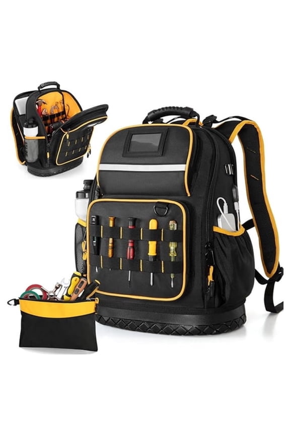Heavy Duty Tool Backpack with Waterproof Hard Bottom,Multi-Pocket Tool Bag Organizer with Laptop Sleeve,Professional Work Backpack for Contractor Electrician Plumber HVAC Techs,Black