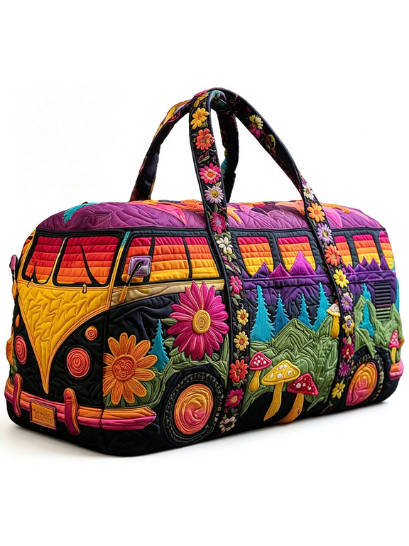 Hippie Van Quilted Duffel Bag for Women,Vintage Floral Boho Travel Weekender Bag,Large Overnight Luggage Tote with Shoulder Strap for Gym,Weekend Trips and Daily Use(18 X 9 X 9"Es)