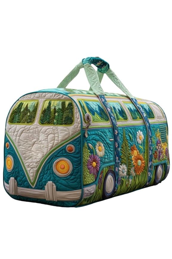 Hippie Van Quilted Duffle Bag,16"X8"X8" Vintage Boho Canvas Weekender for Women,Colorful Psychedelic Travel Carry-On,Retro Bus Theme Gym Bag with Adjustable Strap(S,16"X8"X8")