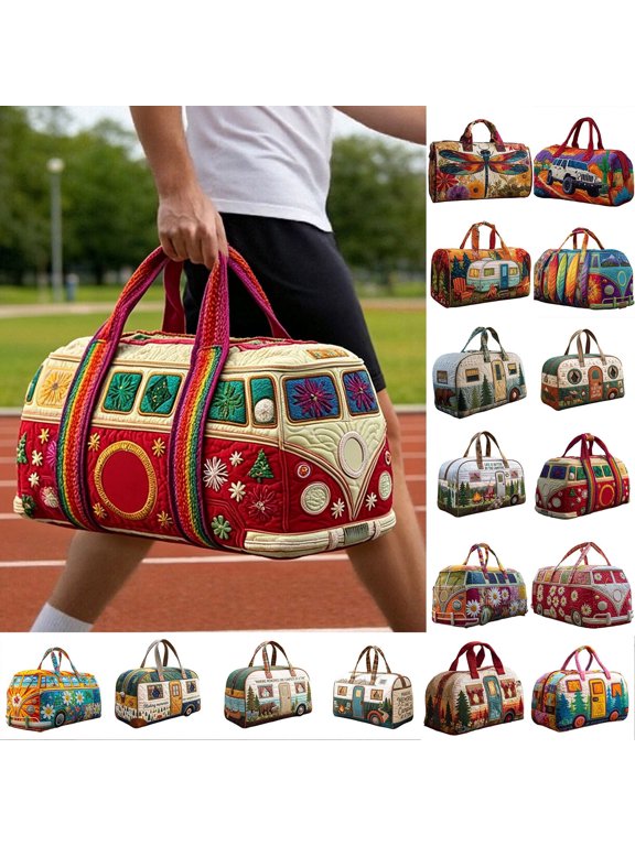 Hippie Van Quilted Duffle Bag-2026 Duffle Bag For Travel Women Men Travel Weekender Bag With Handle Retro Style Bohemian Travel Bags For Gym,Yoga,Summer Vacation Trips&Holiday