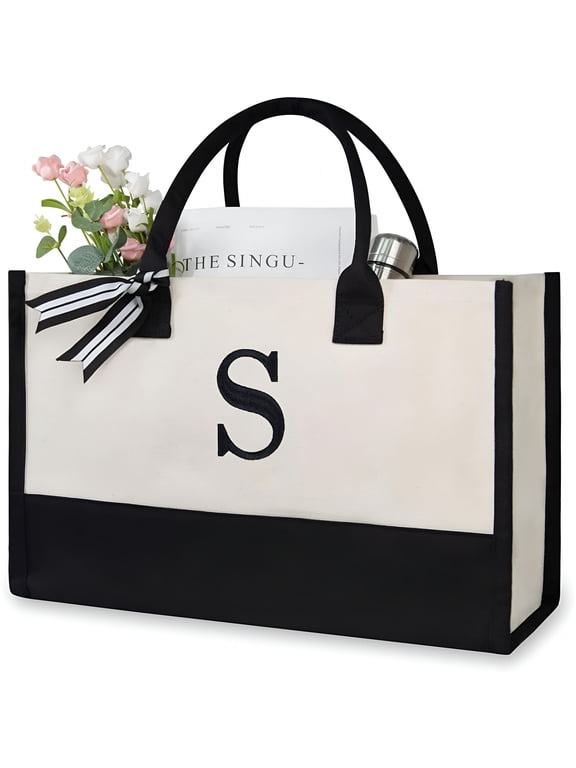 Initial Canvas Beach Bag,Monogrammed Tote Bag for Women