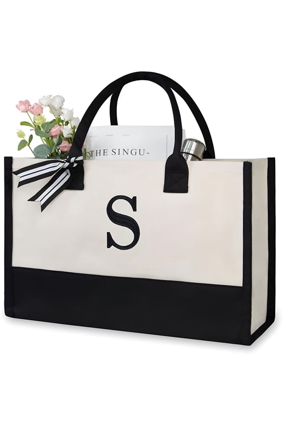 Initial Canvas Beach Bag,Monogrammed Tote Bag for Women