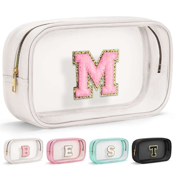 AOMRCOL Initial Make Up Bag Travel Toiletry Bag, Clear Makeup Bags Preppy Cosmetic Bags With Zipper Girlfriend Teacher 6 Year Old Girl Gifts Daughter Gifts Swim Gifts For Girl White m
