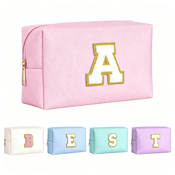 AOMRCOL Initial Makeup Bag,Birthday Gifts for 4 5 6 7 8 9 10 11 12 Year Old Teen Girls,Teacher Gift Graduation Gift,Personalized Preppy Cosmetic Bags Toiletry Bag(Pink A)